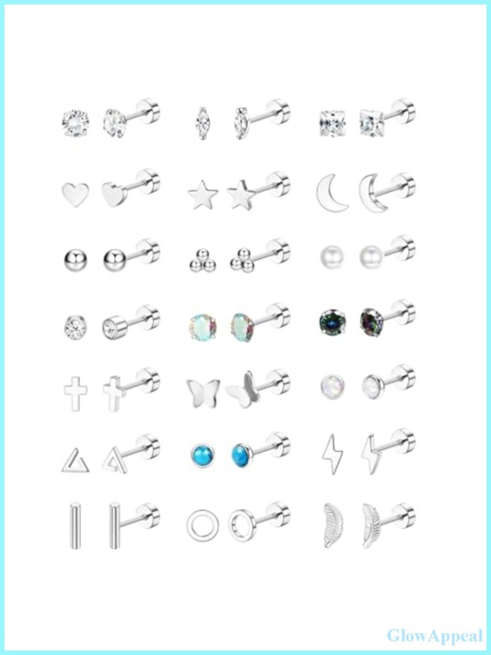 21 Pairs Flat Back Stud Earrings Set Hypoallergenic 316L Stainless Steel Screw